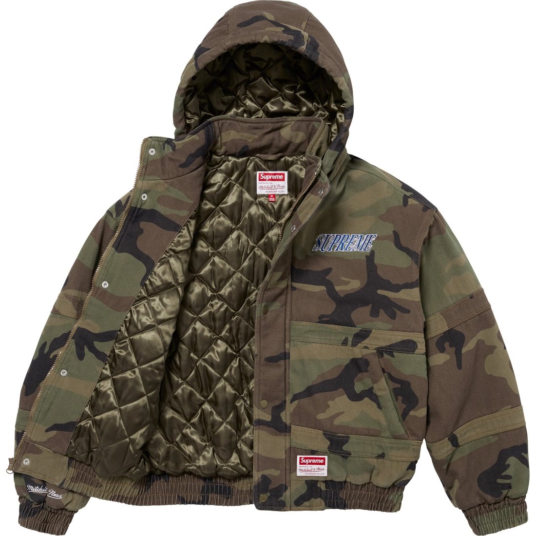 Details on Supreme Mitchell & Ness Twill Stadium Jacket Woodland Camo from fall winter
                                                    2024 (Price is $348)