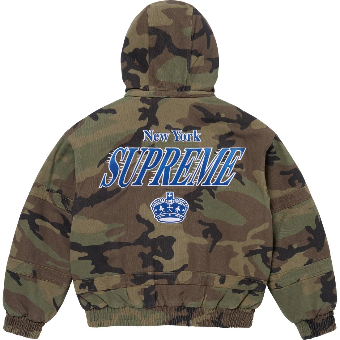 Details on Supreme Mitchell & Ness Twill Stadium Jacket Woodland Camo from fall winter
                                                    2024 (Price is $348)