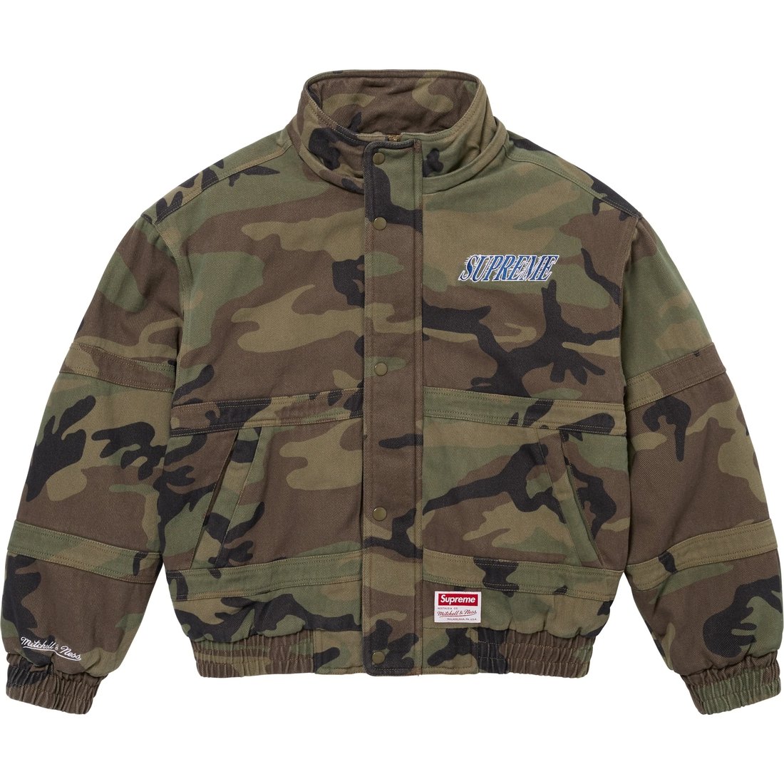 Details on Supreme Mitchell & Ness Twill Stadium Jacket Woodland Camo from fall winter
                                                    2024 (Price is $348)