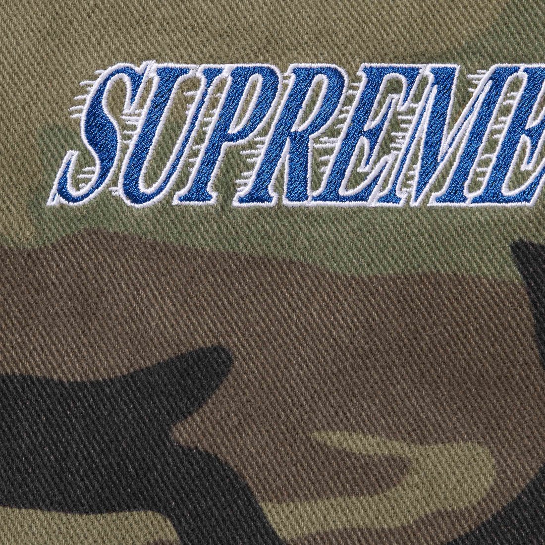 Details on Supreme Mitchell & Ness Twill Stadium Jacket Woodland Camo from fall winter
                                                    2024 (Price is $348)