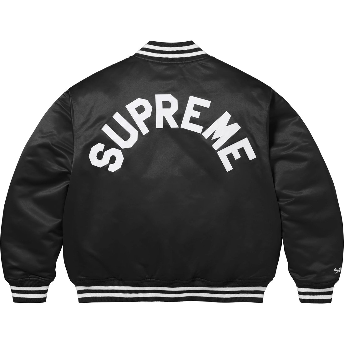 Details on Supreme Mitchell & Ness Satin Varsity Jacket Black from fall winter
                                                    2024 (Price is $248)