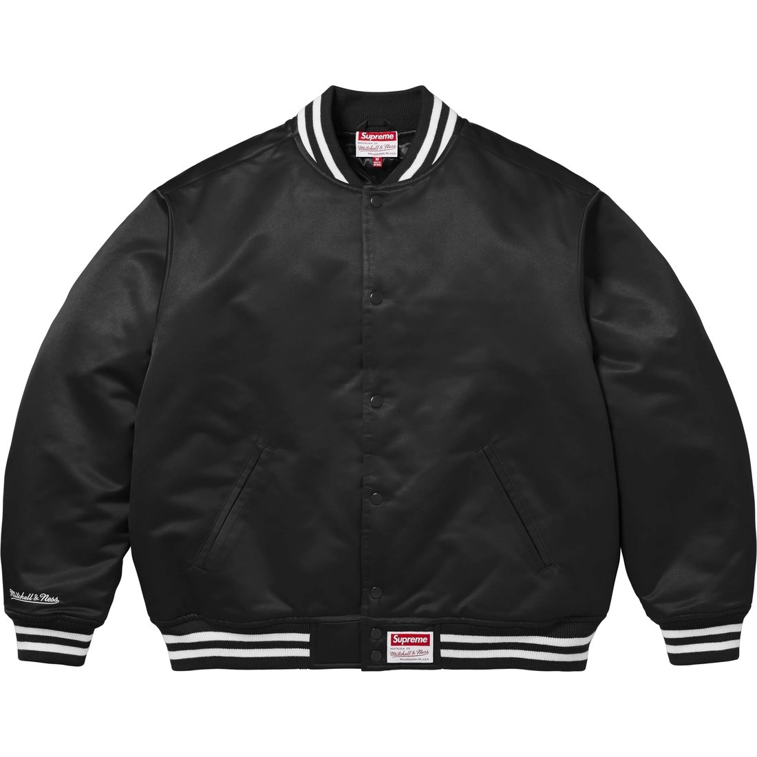 Details on Supreme Mitchell & Ness Satin Varsity Jacket Black from fall winter
                                                    2024 (Price is $248)