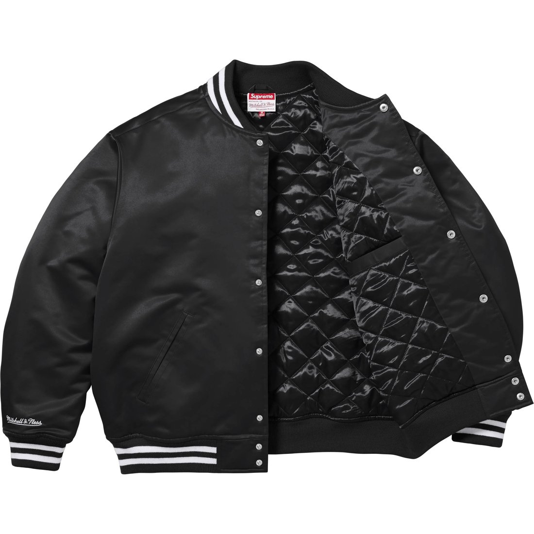 Details on Supreme Mitchell & Ness Satin Varsity Jacket Black from fall winter
                                                    2024 (Price is $248)