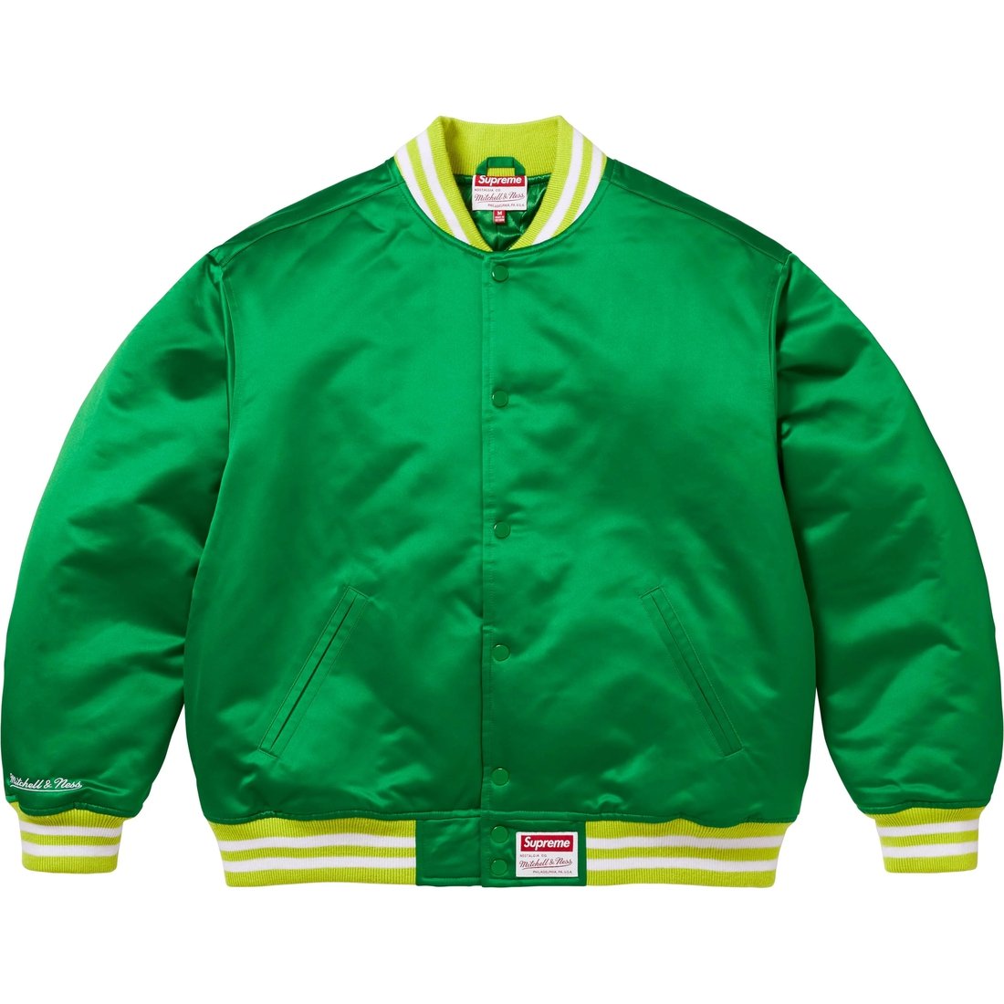 Details on Supreme Mitchell & Ness Satin Varsity Jacket Green from fall winter
                                                    2024 (Price is $248)