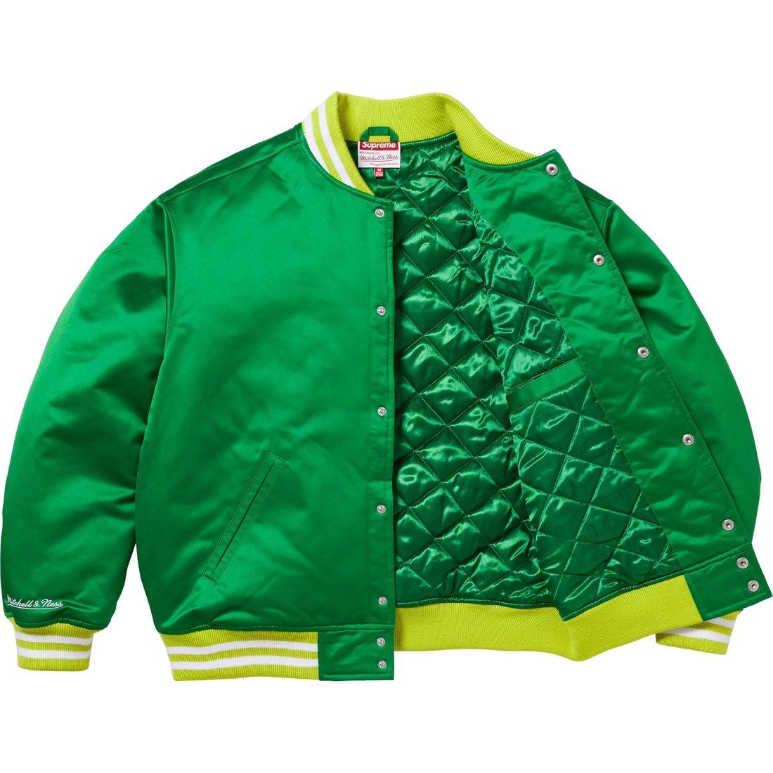 Details on Supreme Mitchell & Ness Satin Varsity Jacket Green from fall winter
                                                    2024 (Price is $248)