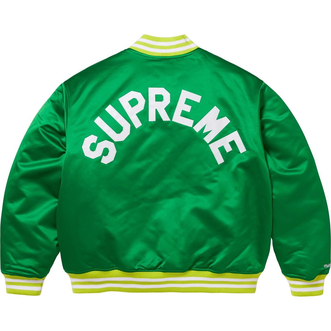 Details on Supreme Mitchell & Ness Satin Varsity Jacket Green from fall winter
                                                    2024 (Price is $248)