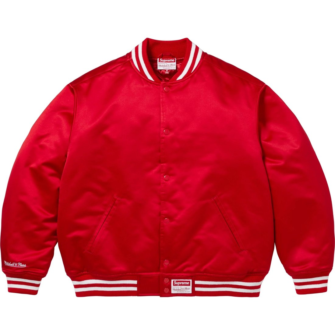 Details on Supreme Mitchell & Ness Satin Varsity Jacket Red from fall winter
                                                    2024 (Price is $248)