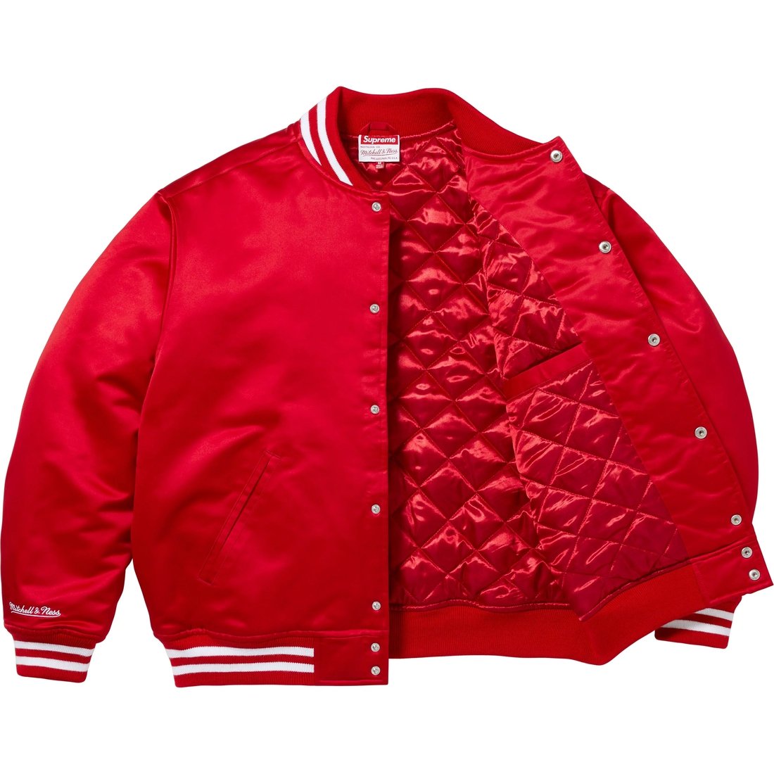 Details on Supreme Mitchell & Ness Satin Varsity Jacket Red from fall winter
                                                    2024 (Price is $248)