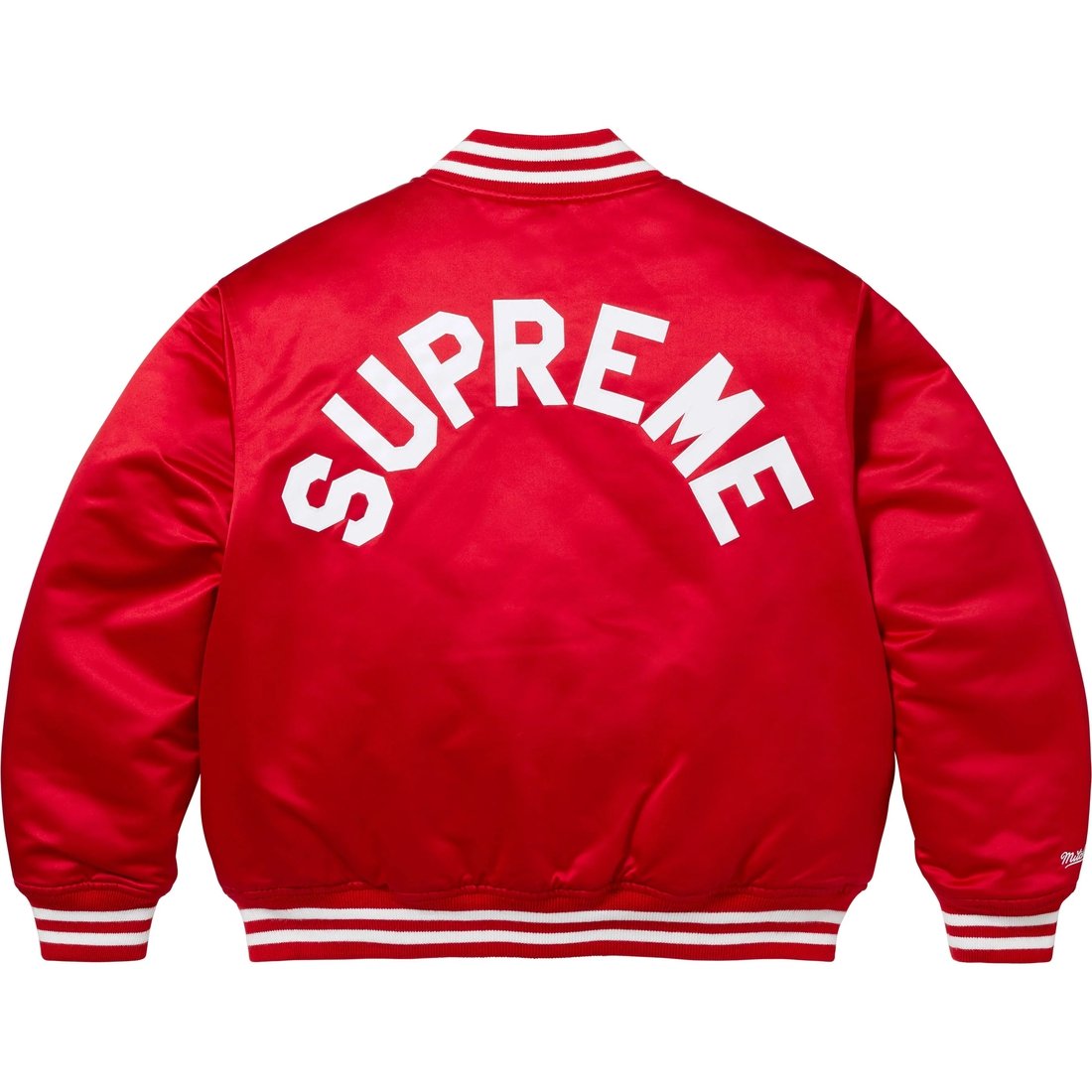 Details on Supreme Mitchell & Ness Satin Varsity Jacket Red from fall winter
                                                    2024 (Price is $248)