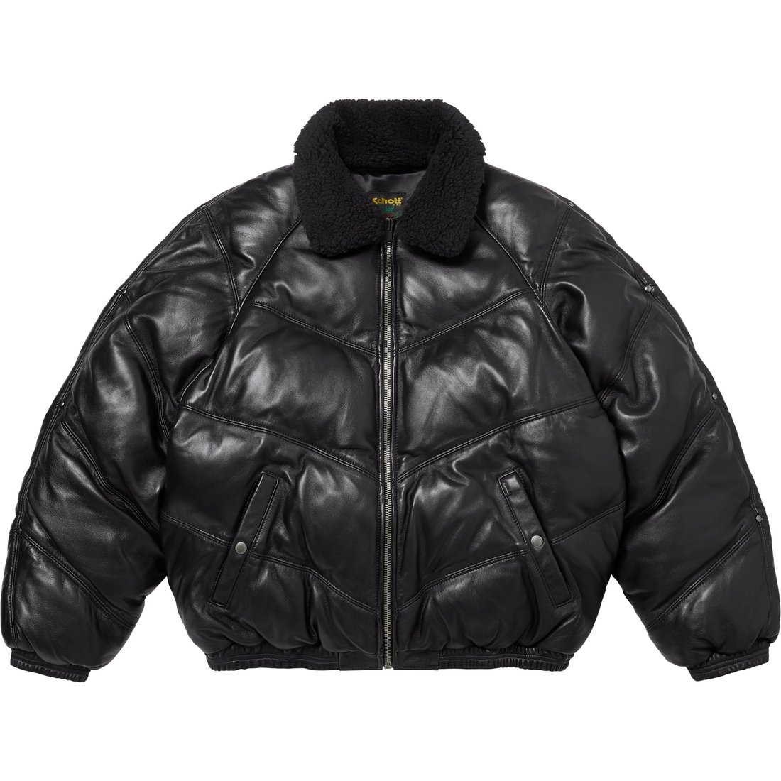 Details on Supreme Schott Chevron Leather Down Puffer Jacket Black from fall winter
                                                    2024 (Price is $1298)