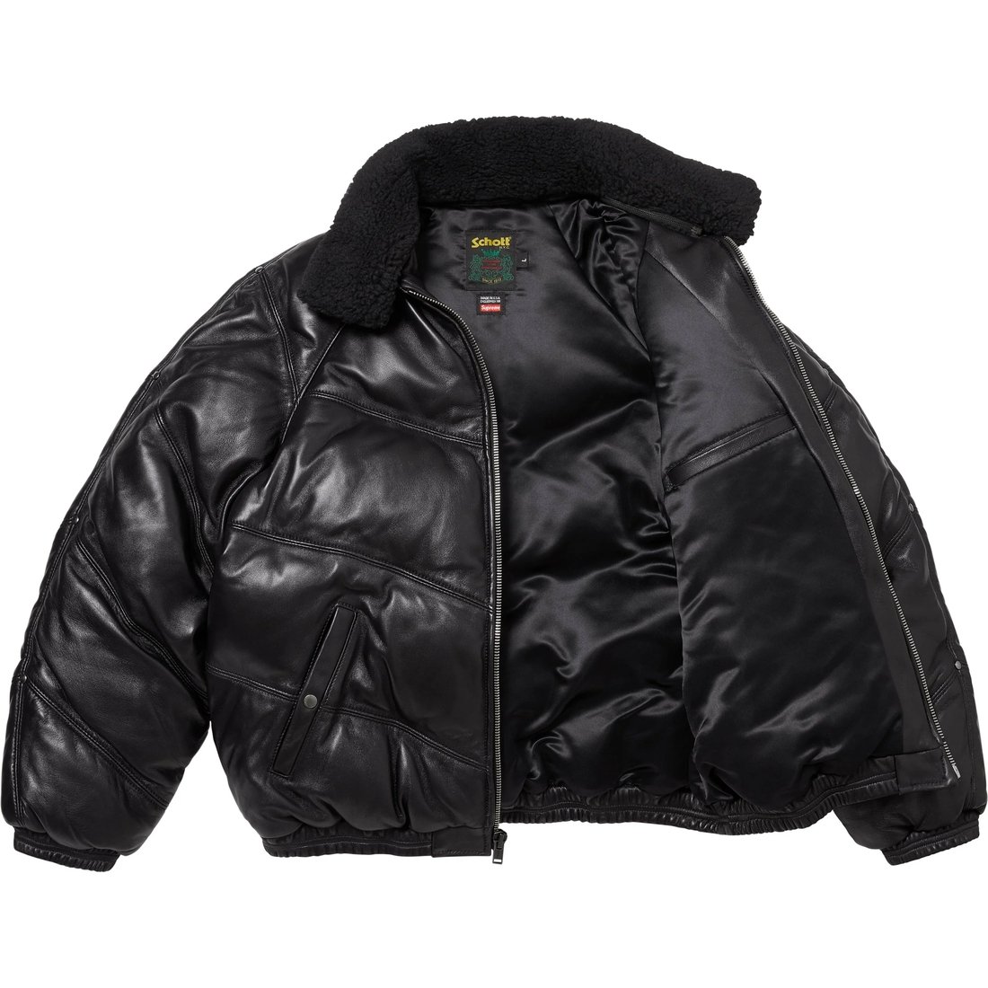 Details on Supreme Schott Chevron Leather Down Puffer Jacket Black from fall winter
                                                    2024 (Price is $1298)