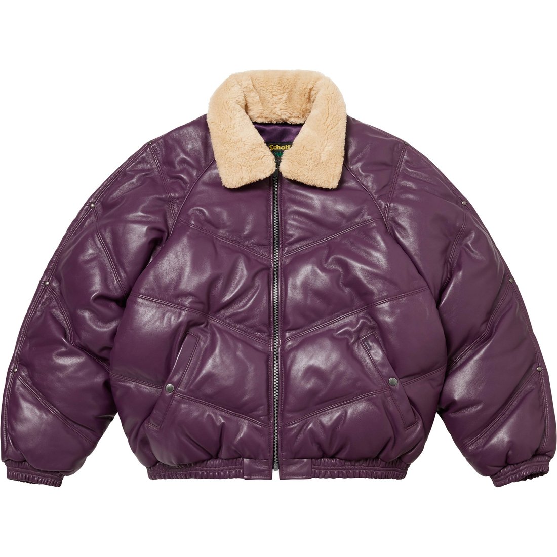 Details on Supreme Schott Chevron Leather Down Puffer Jacket Purple from fall winter
                                                    2024 (Price is $1298)