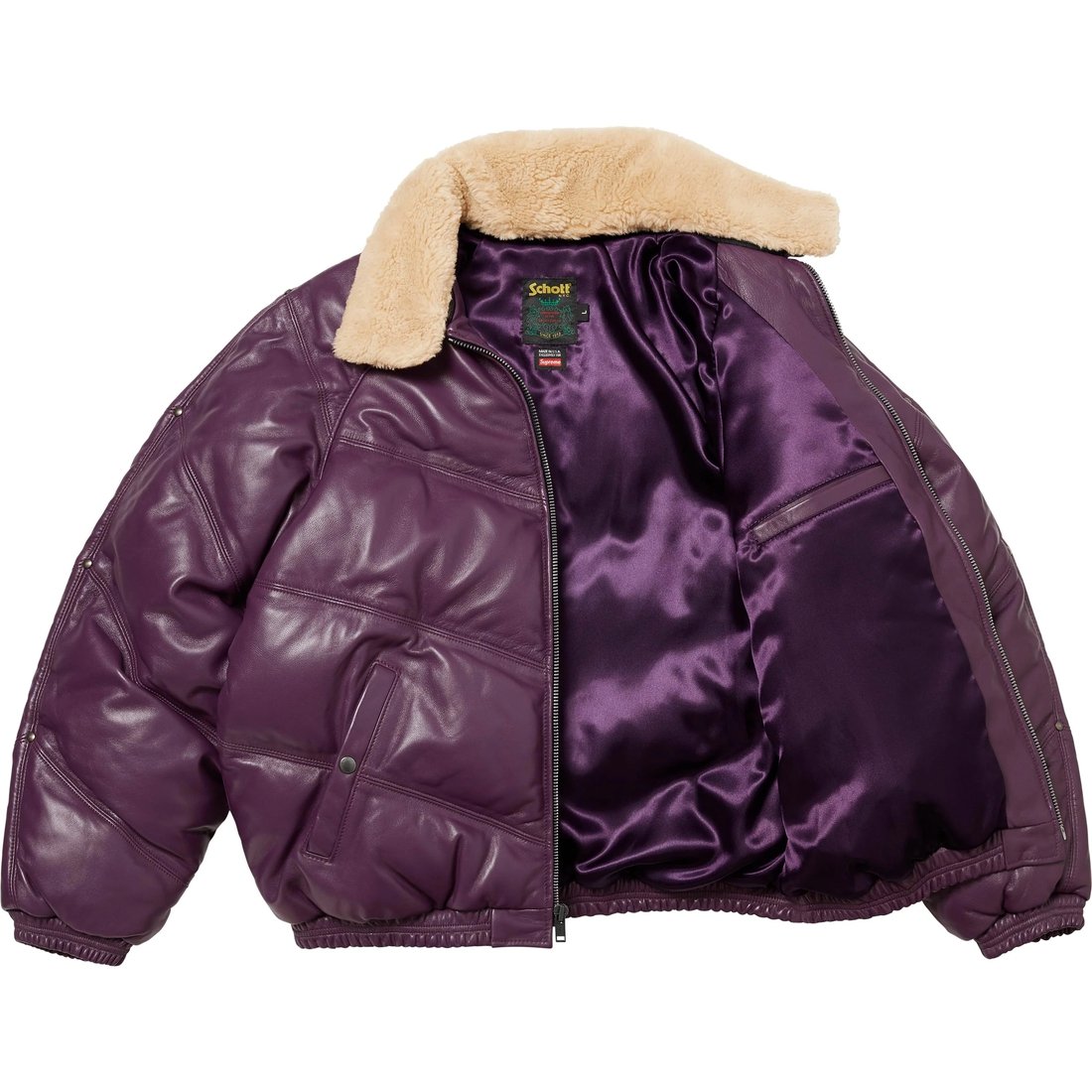 Details on Supreme Schott Chevron Leather Down Puffer Jacket Purple from fall winter
                                                    2024 (Price is $1298)