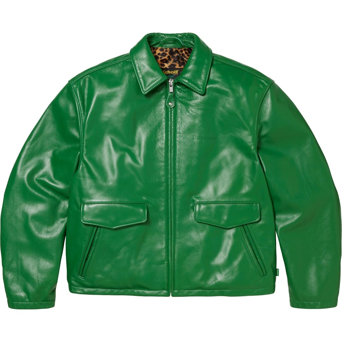 Details on Supreme Schott Leather Racer Jacket Green from fall winter
                                                    2024 (Price is $898)