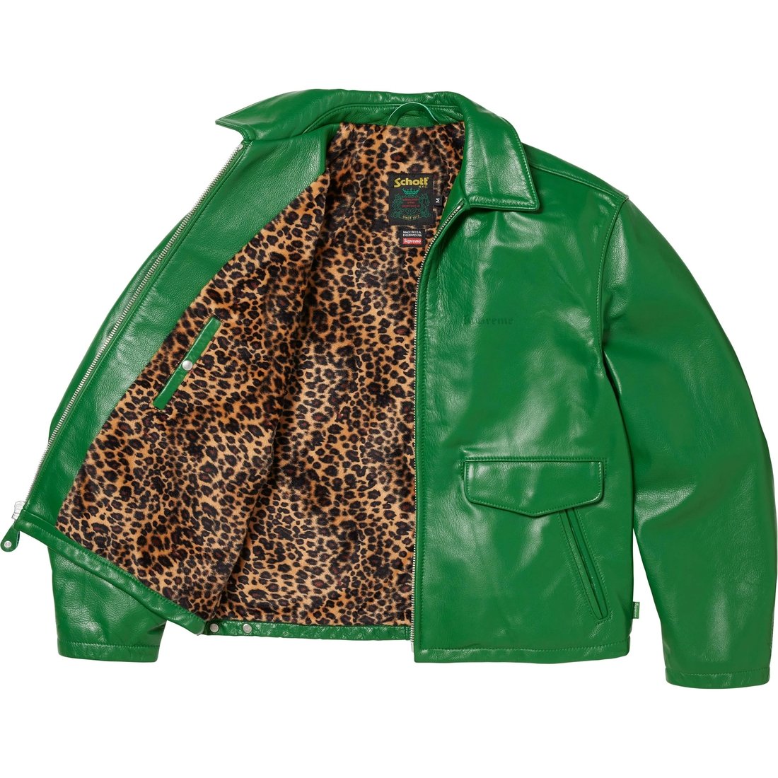 Details on Supreme Schott Leather Racer Jacket Green from fall winter
                                                    2024 (Price is $898)