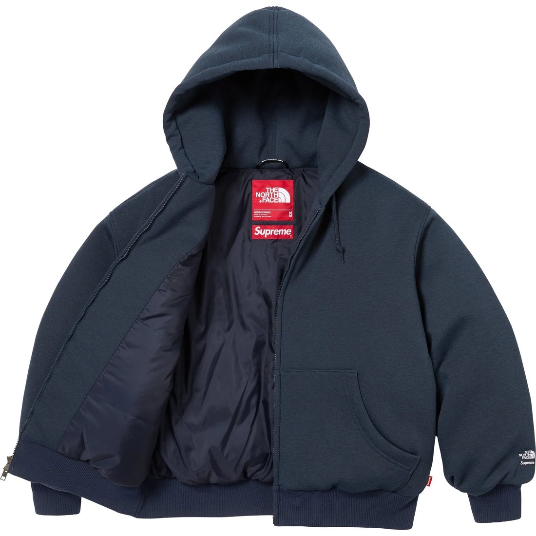 Details on Supreme The North Face Down Zip Up Hooded Sweatshirt Navy from fall winter
                                                    2024 (Price is $298)