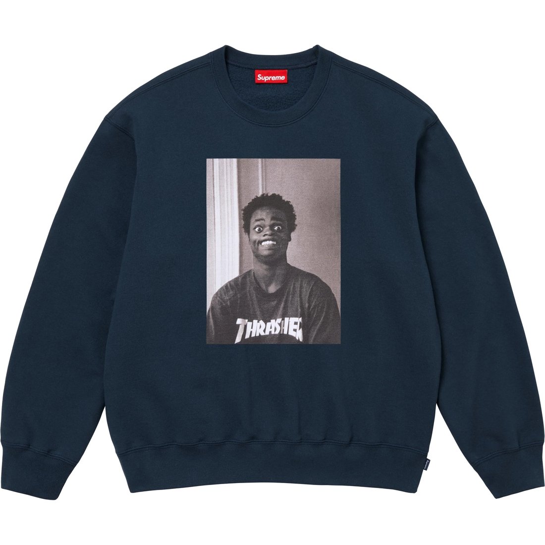 Details on Supreme Thrasher Crewneck Navy from fall winter
                                                    2024 (Price is $158)