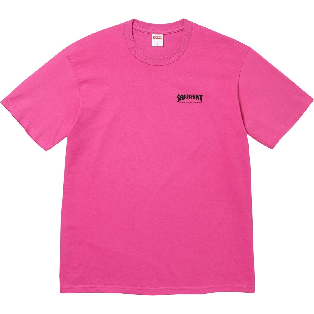 Details on Supreme Thrasher Cross Tee Fuchsia from fall winter
                                                    2024 (Price is $44)