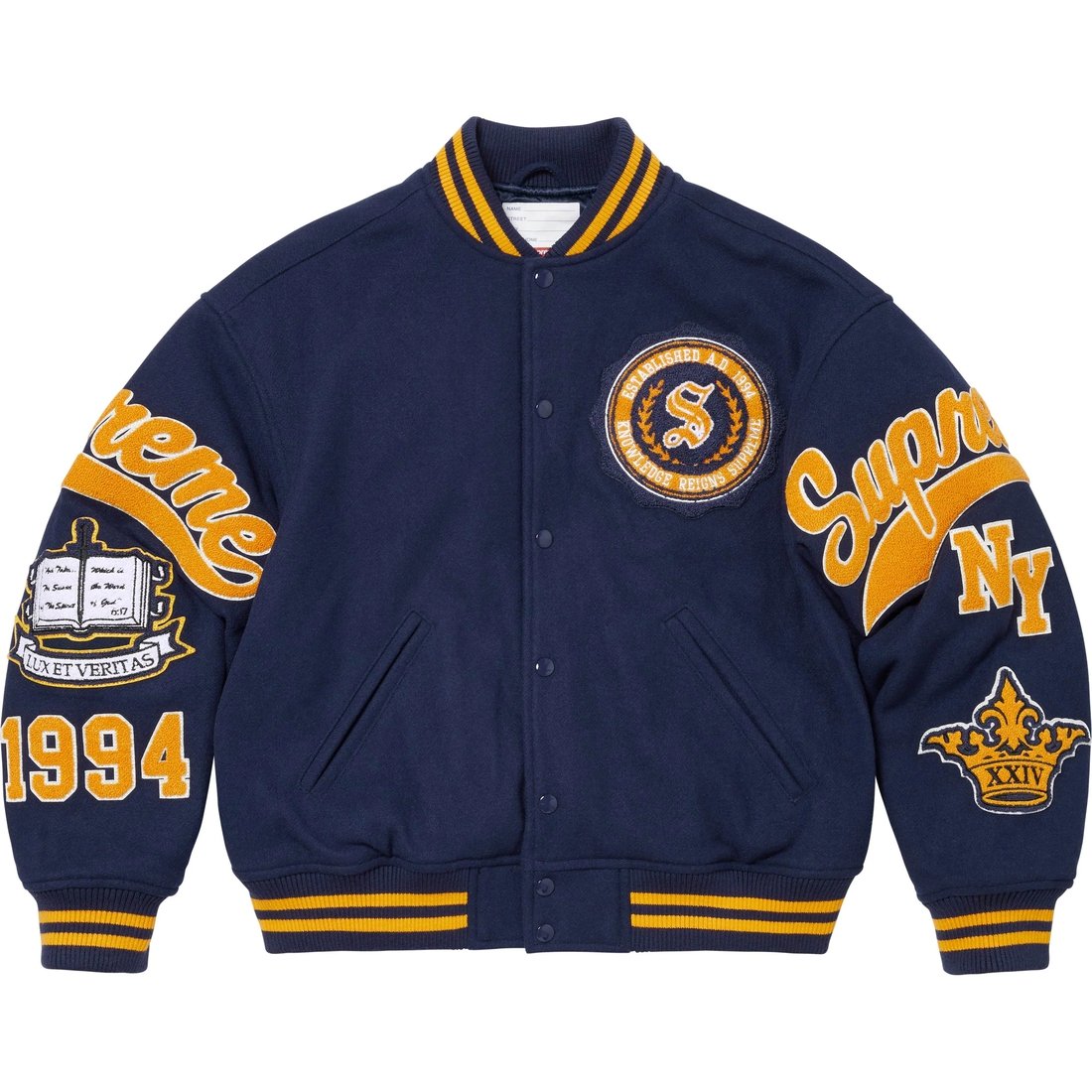 Details on Veritas Varsity Jacket Navy from fall winter
                                                    2024 (Price is $498)