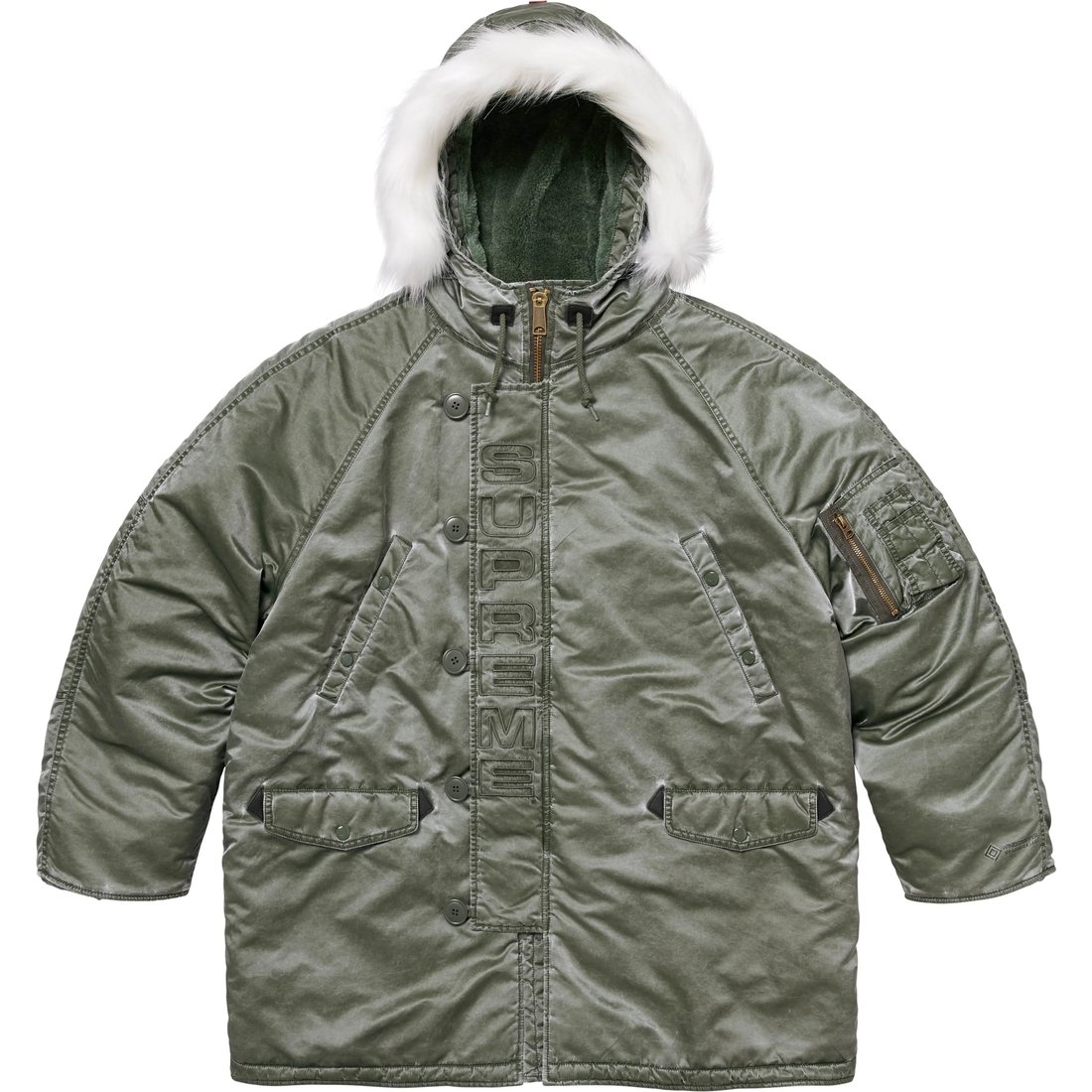 Details on Washed Flight Satin N-3B Parka Olive from fall winter
                                                    2024 (Price is $498)