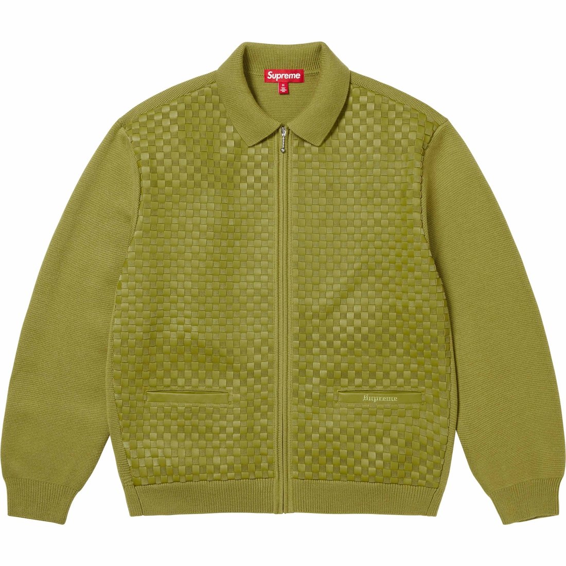 Details on Woven Leather Zip Up Cardigan Green from fall winter
                                                    2024 (Price is $398)