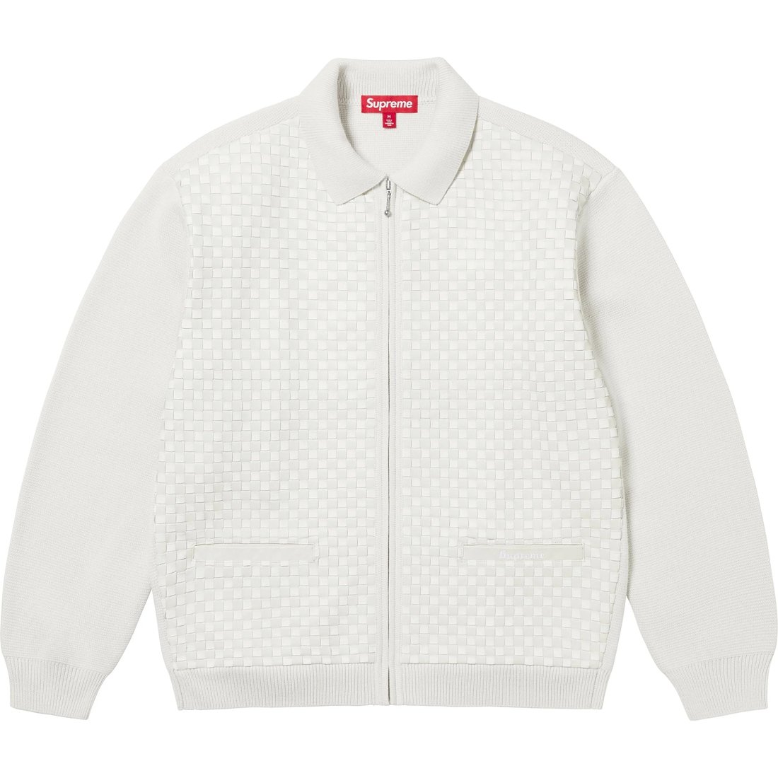 Details on Woven Leather Zip Up Cardigan White from fall winter
                                                    2024 (Price is $398)