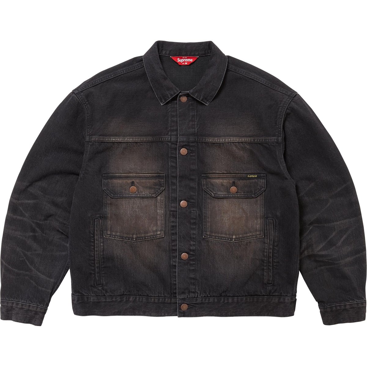 Details on Distressed Selvedge Trucker Jacket Washed Black from fall winter
                                                    2024 (Price is $368)