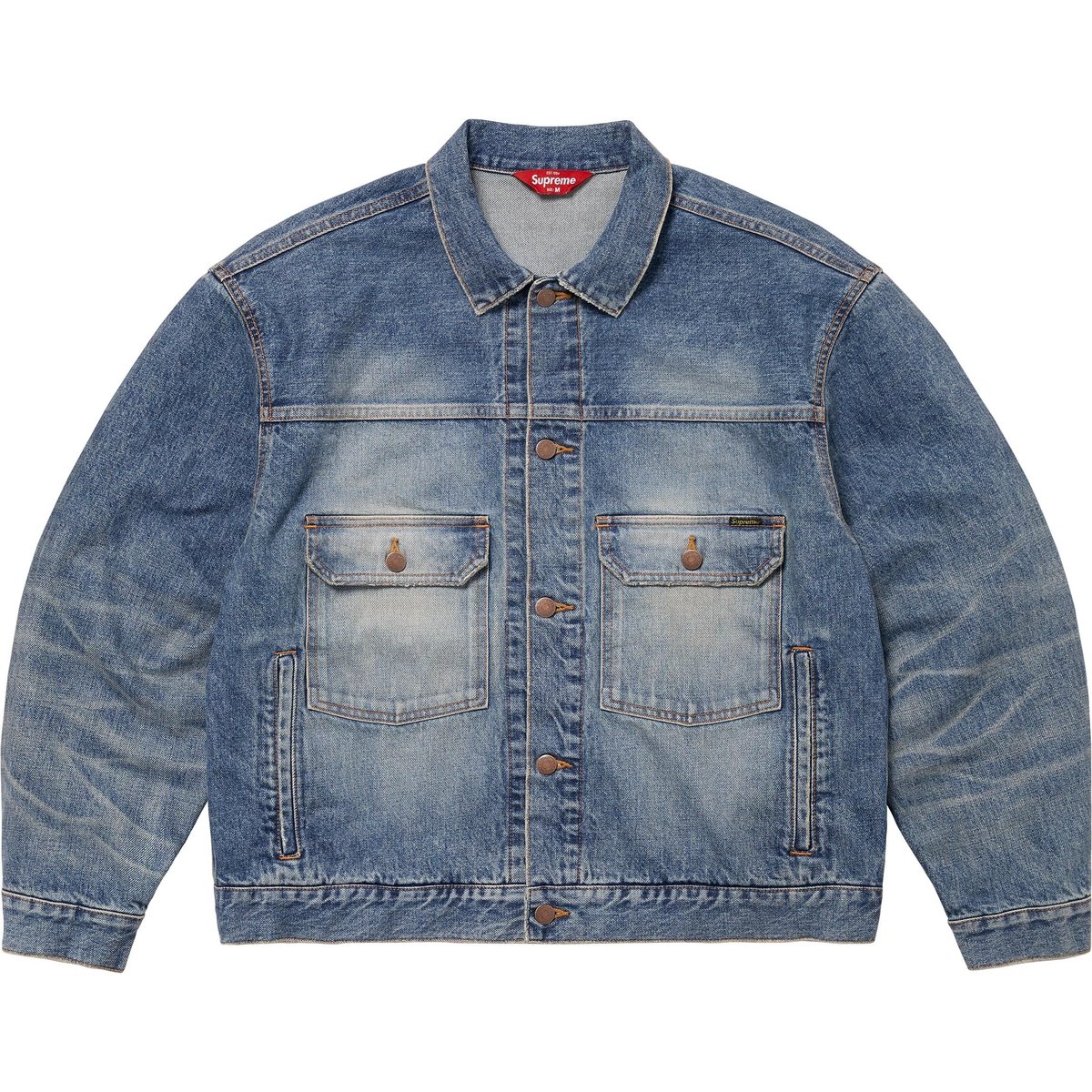 Details on Distressed Selvedge Trucker Jacket Washed Indigo from fall winter
                                                    2024 (Price is $368)