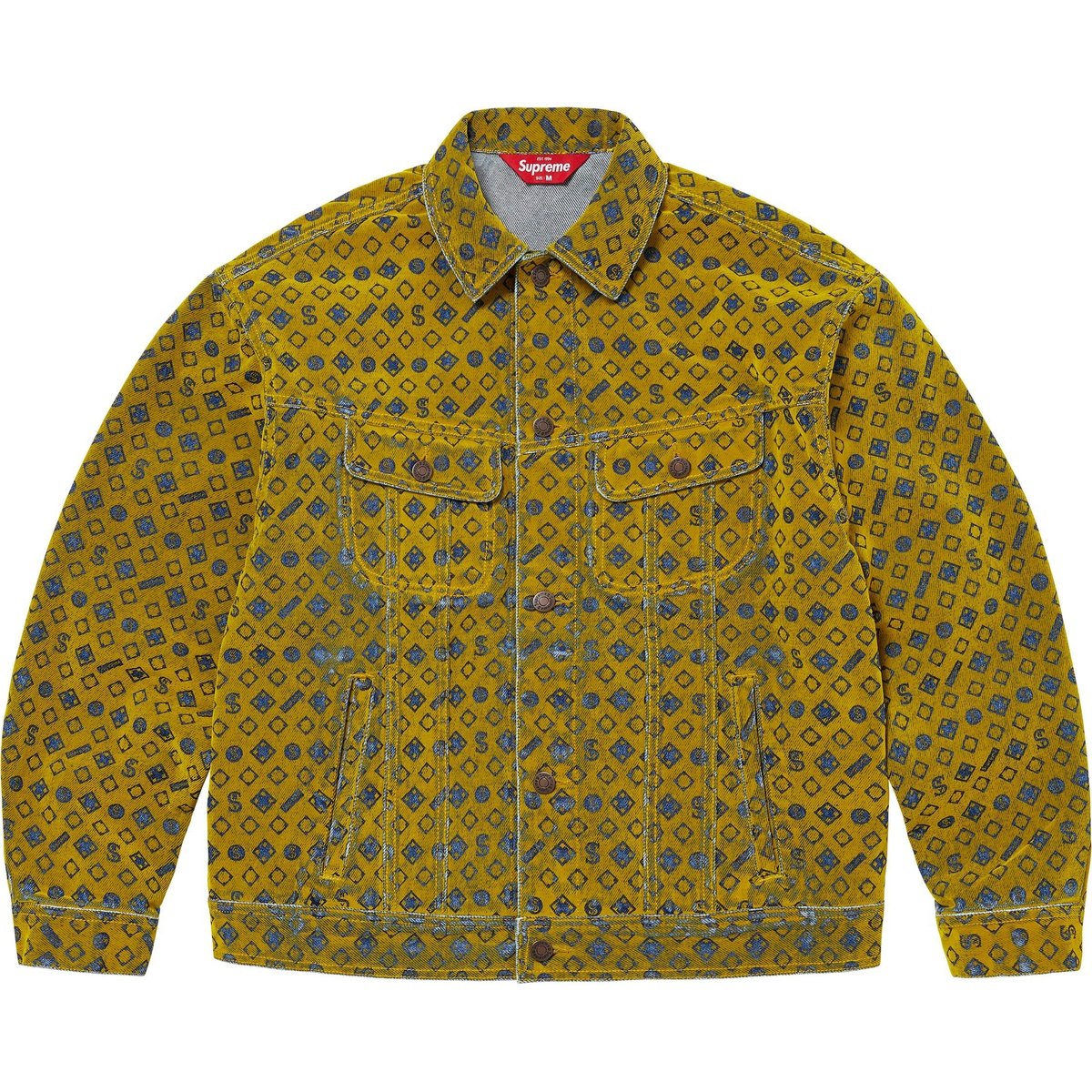 Details on Flocked Denim Trucker Jacket Mustard from fall winter
                                                    2024 (Price is $228)