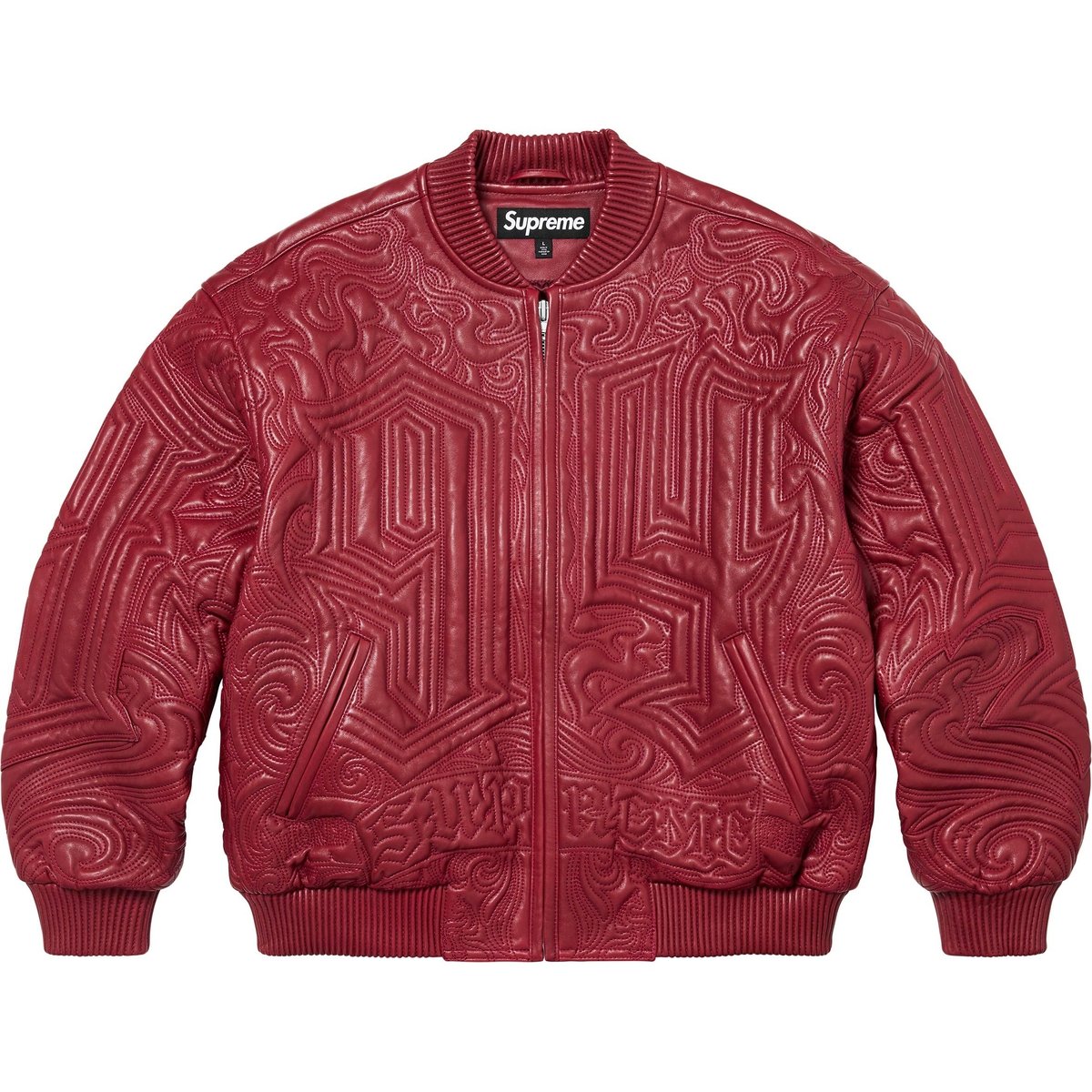 Details on Mister Cartoon Embroidered Leather Jacket Burgundy from fall winter
                                                    2024