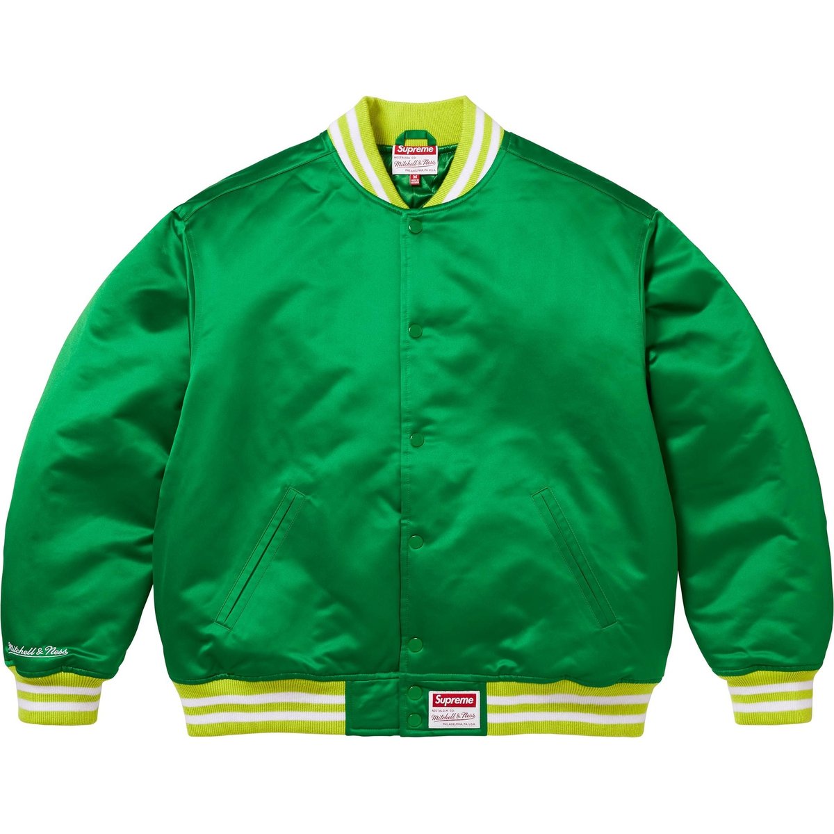 Details on Supreme Mitchell & Ness Satin Varsity Jacket Green from fall winter
                                                    2024