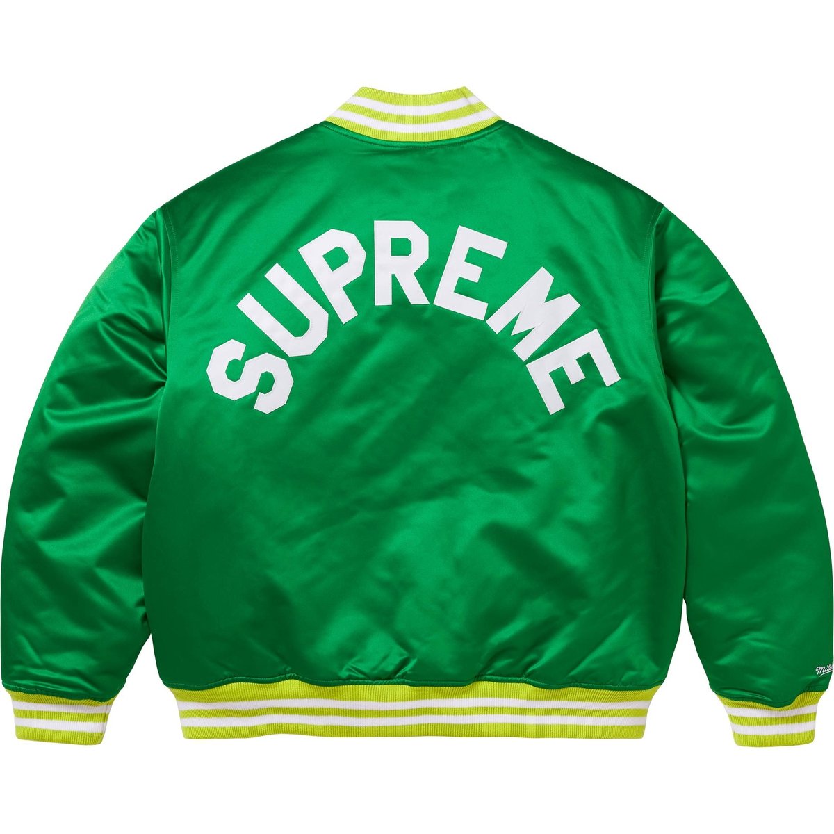 Details on Supreme Mitchell & Ness Satin Varsity Jacket Green from fall winter
                                                    2024