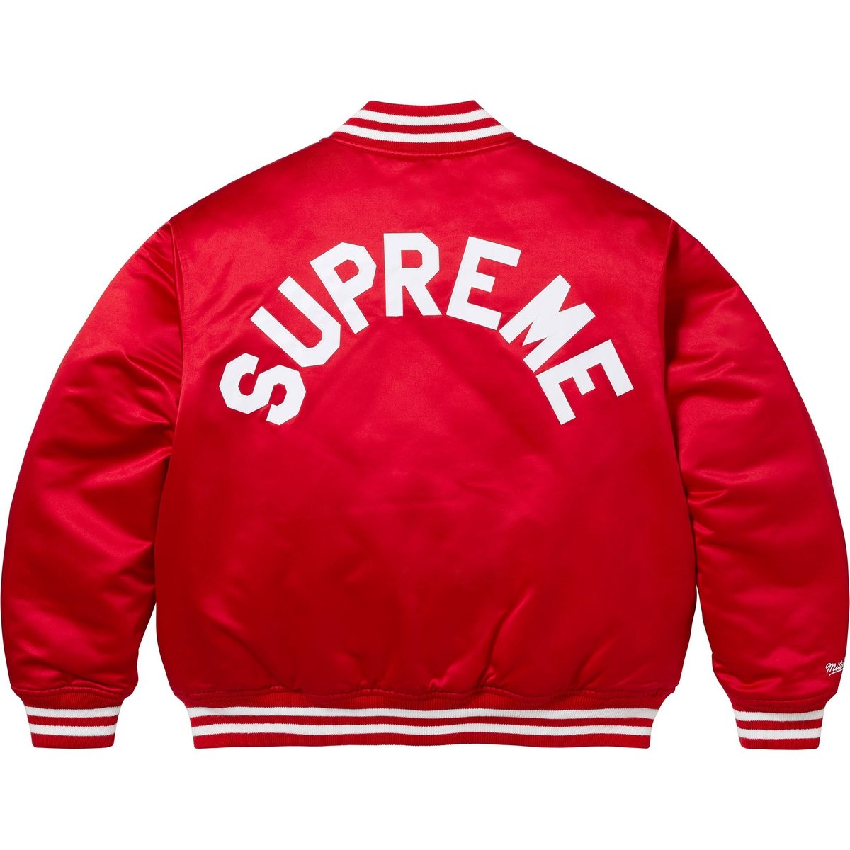 Details on Supreme Mitchell & Ness Satin Varsity Jacket Red from fall winter
                                                    2024