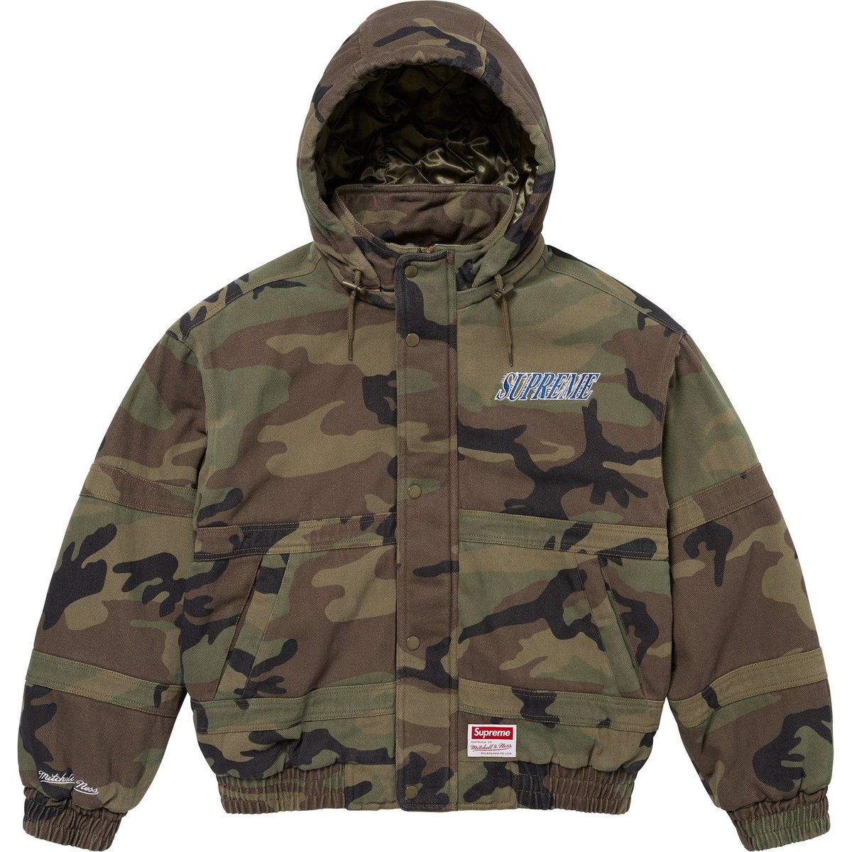 Details on Supreme Mitchell & Ness Twill Stadium Jacket Woodland Camo from fall winter
                                                    2024