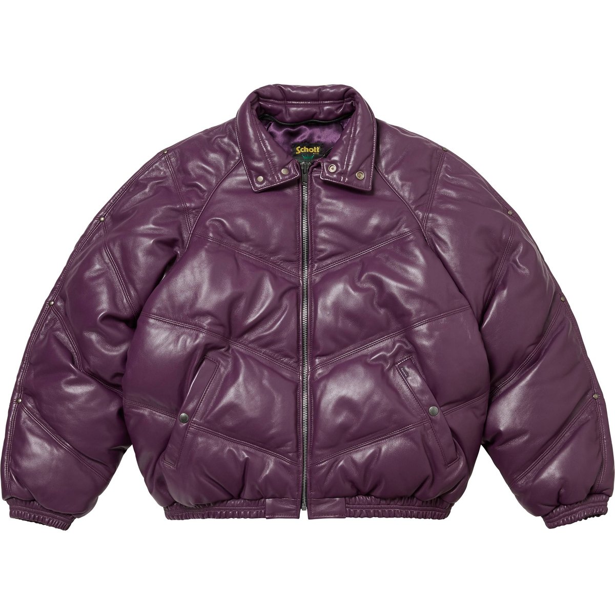 Details on Supreme Schott Chevron Leather Down Puffer Jacket Purple from fall winter
                                                    2024