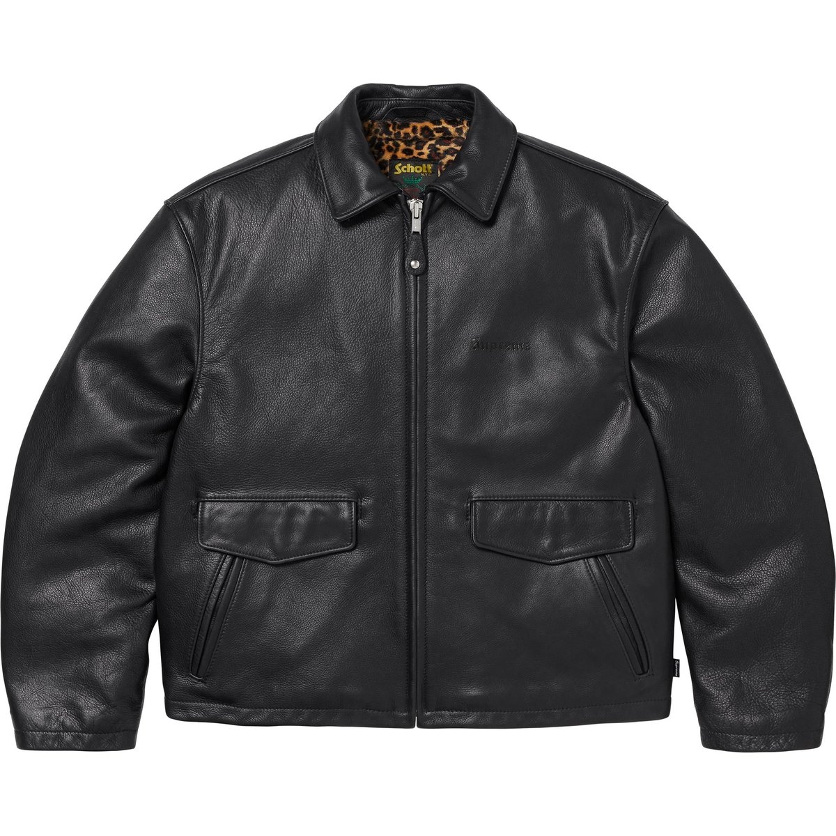 Details on Supreme Schott Leather Racer Jacket Black from fall winter
                                                    2024 (Price is $898)