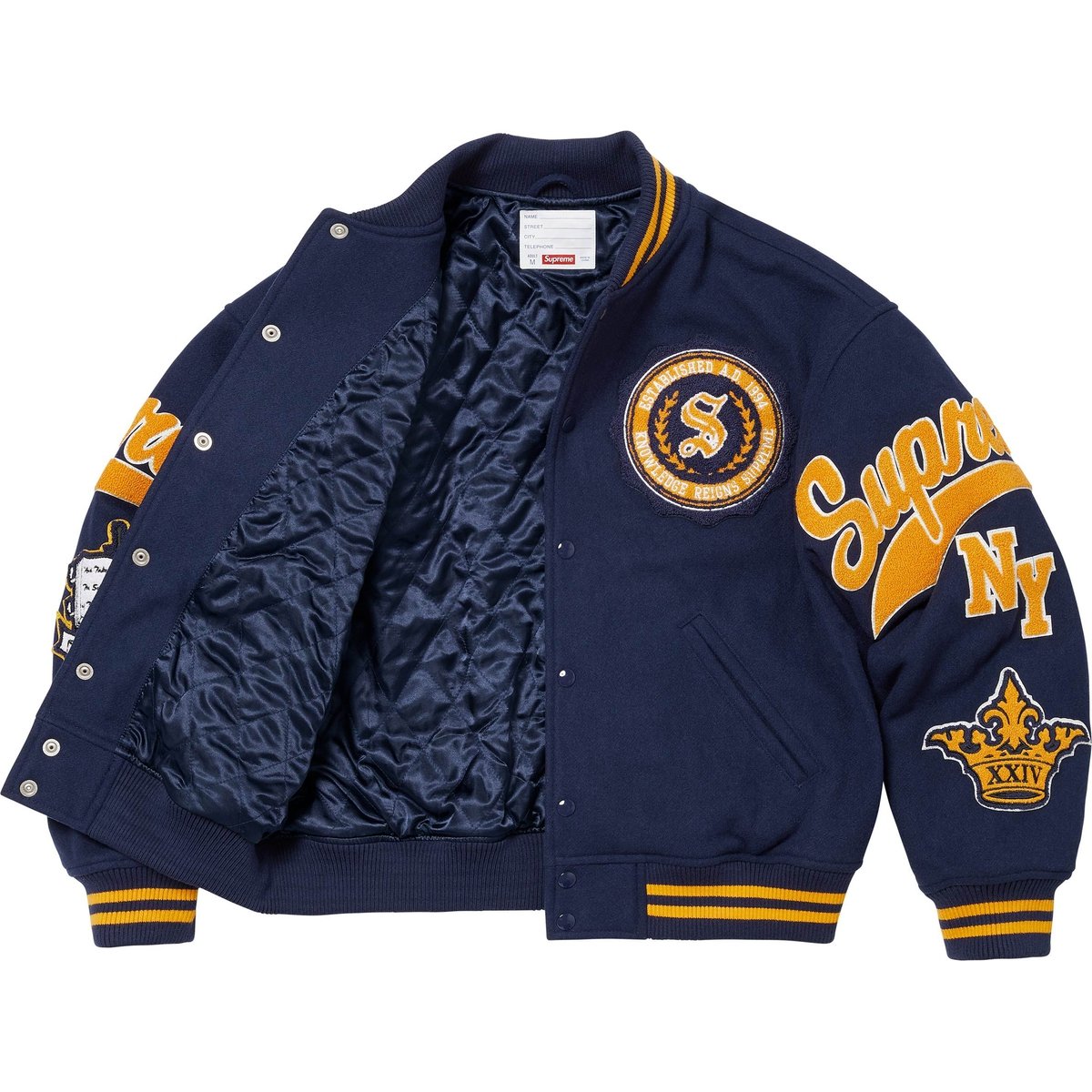 Details on Veritas Varsity Jacket Navy from fall winter
                                                    2024 (Price is $498)