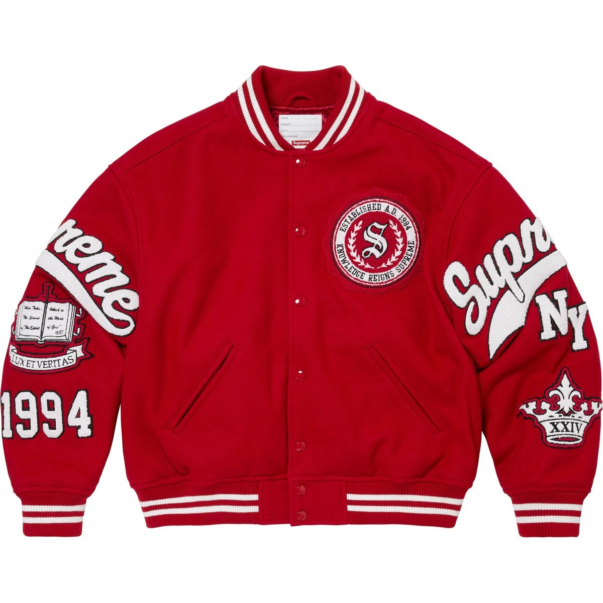 Details on Veritas Varsity Jacket Red from fall winter
                                                    2024 (Price is $498)