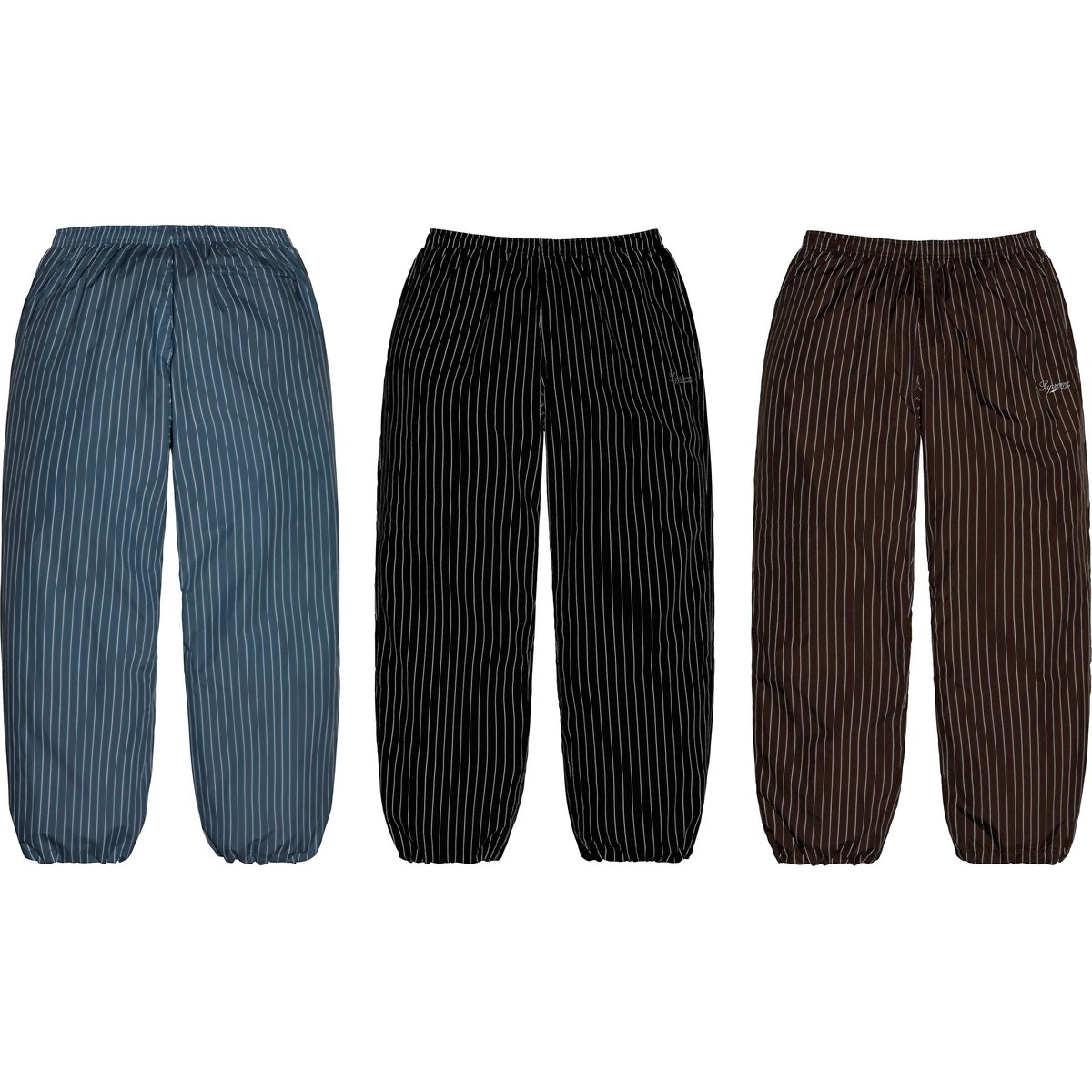 Details on Reflective Pinstripe Track Pant Group Shots from fall winter
                                                    2024 (Price is $148)