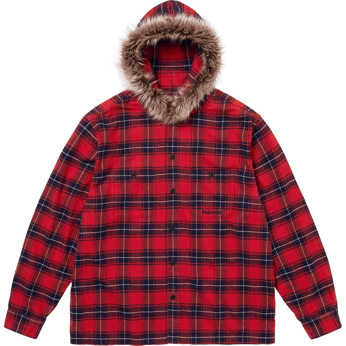 Details on Fur Trim Flannel Hooded Shirt Red Plaid from fall winter
                                                    2024