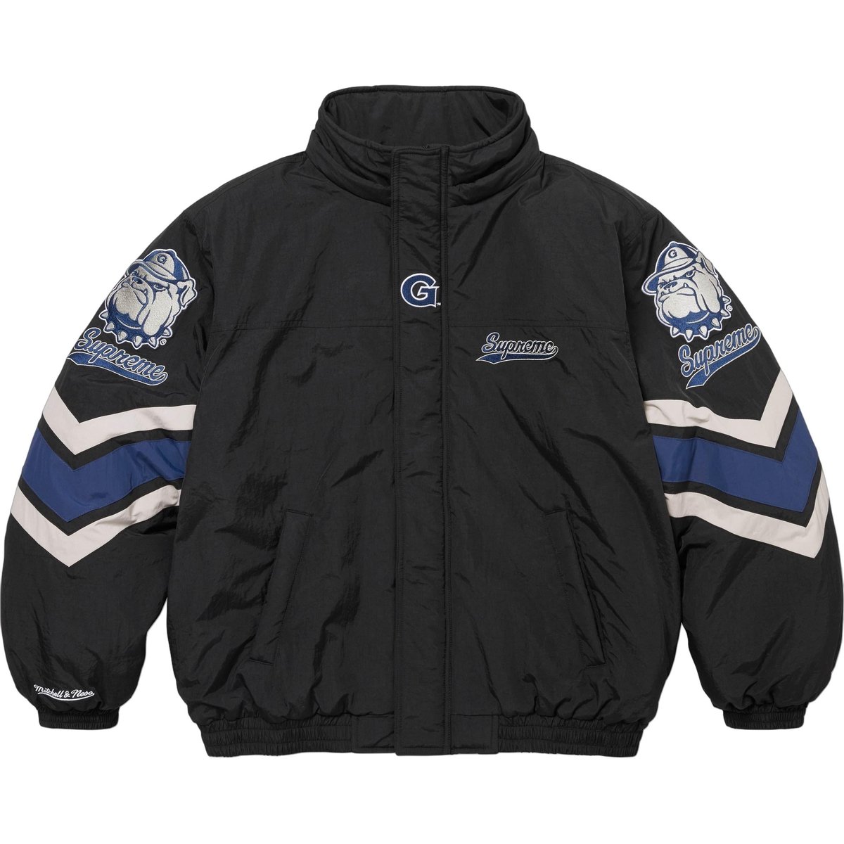 Details on Supreme Mitchell & Ness NCAA Hooded Stadium Jacket  from fall winter
                                                    2024 (Price is $328)