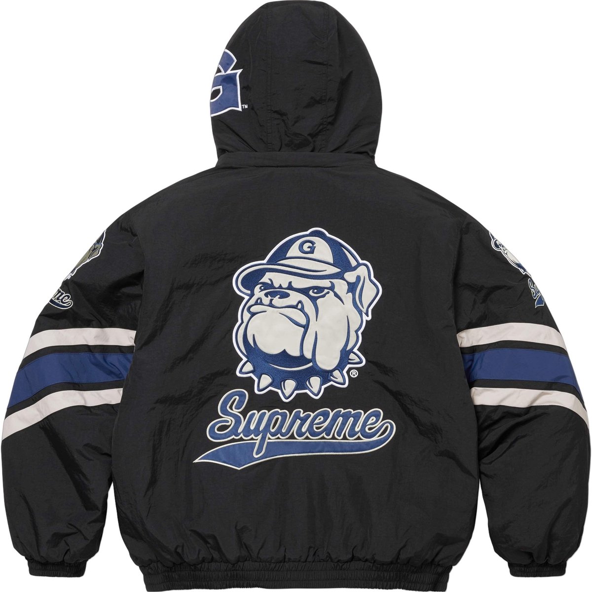 Details on Supreme Mitchell & Ness NCAA Hooded Stadium Jacket  from fall winter
                                                    2024 (Price is $328)