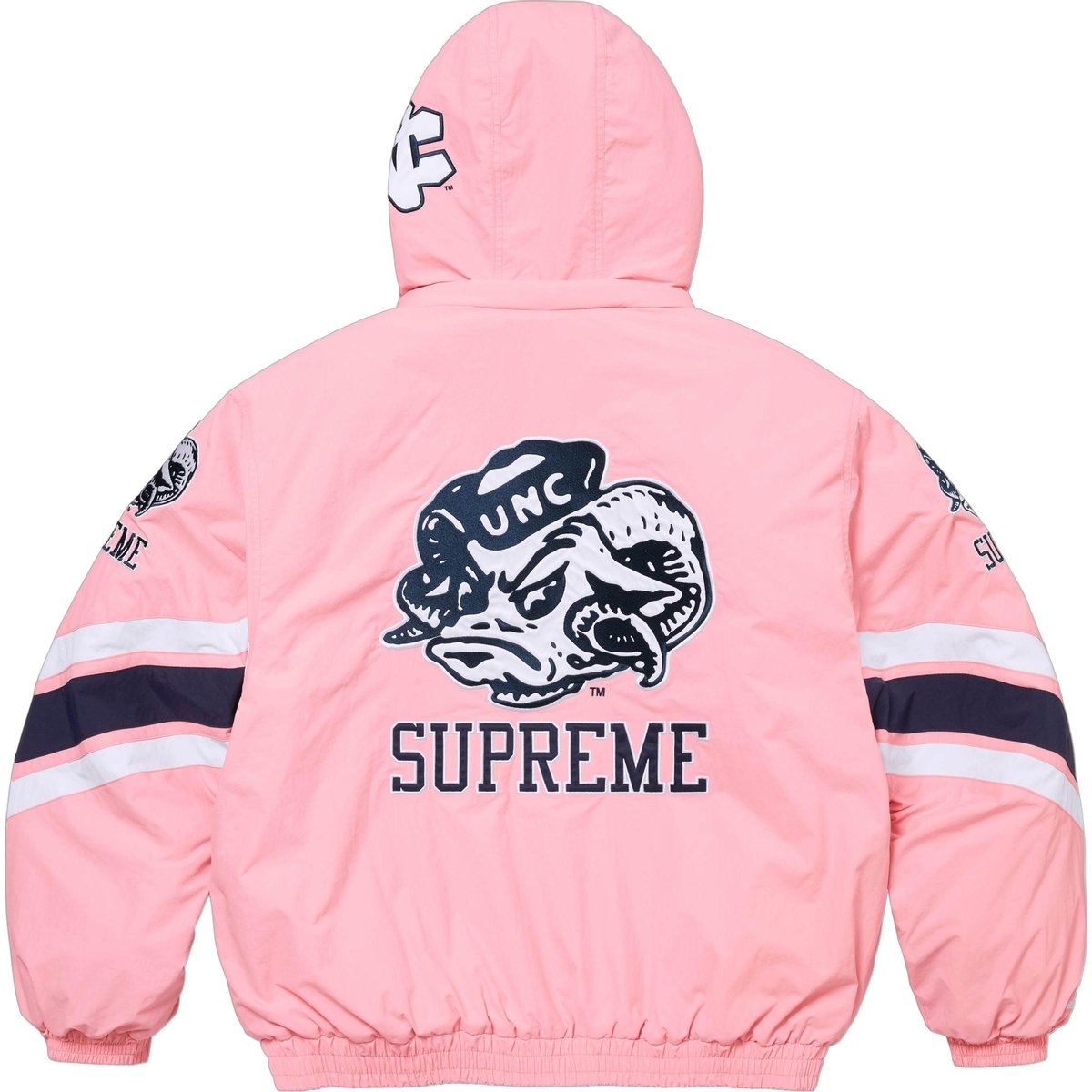 Details on Supreme Mitchell & Ness NCAA Hooded Stadium Jacket  from fall winter
                                                    2024 (Price is $328)