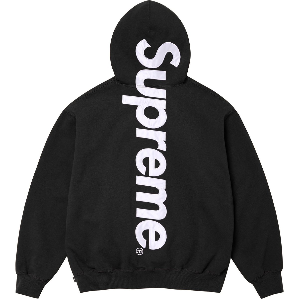 Details on Satin Appliqué Hooded Sweatshirt Black from fall winter
                                                    2024 (Price is $158)