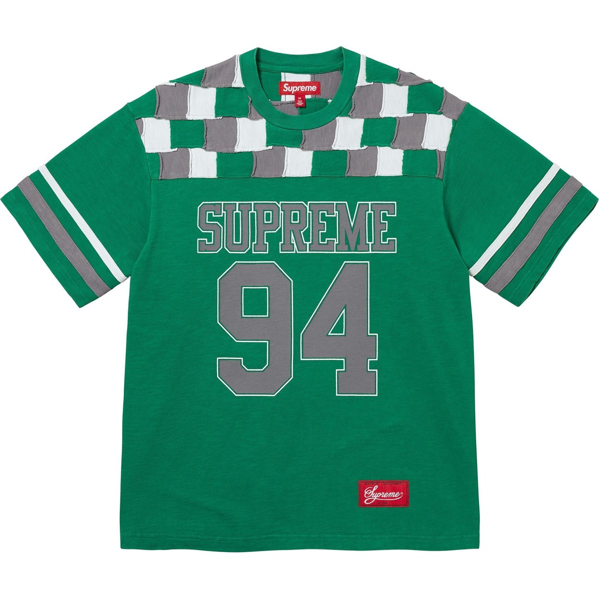 Details on Patchwork Yoke Football Top Green from fall winter
                                                    2024 (Price is $98)