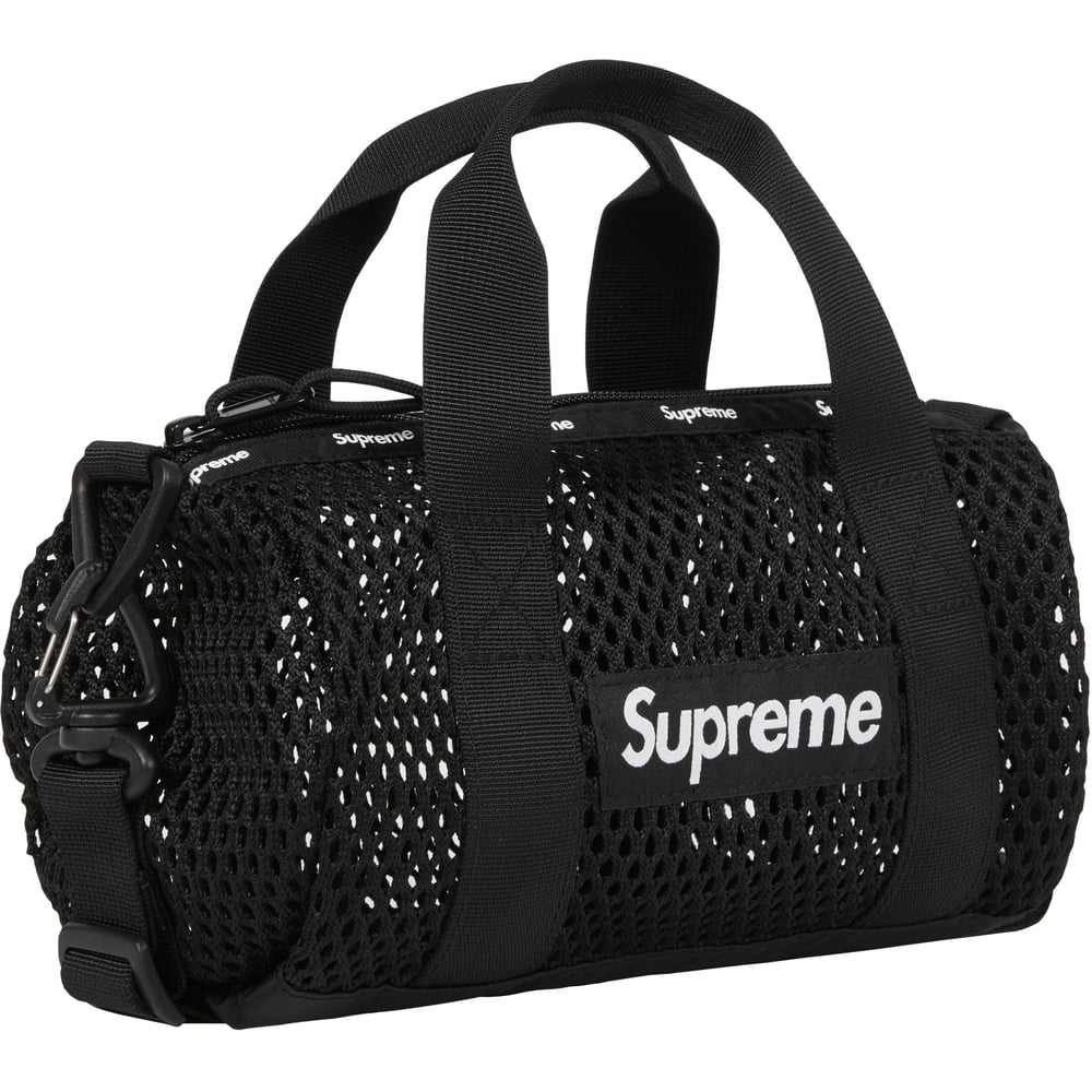 Supreme Mesh Mini Duffle Bag Black Brand New Poly eyelet mesh. Main zip  compartment with printed logo binding. Adjustable shoulder strap…