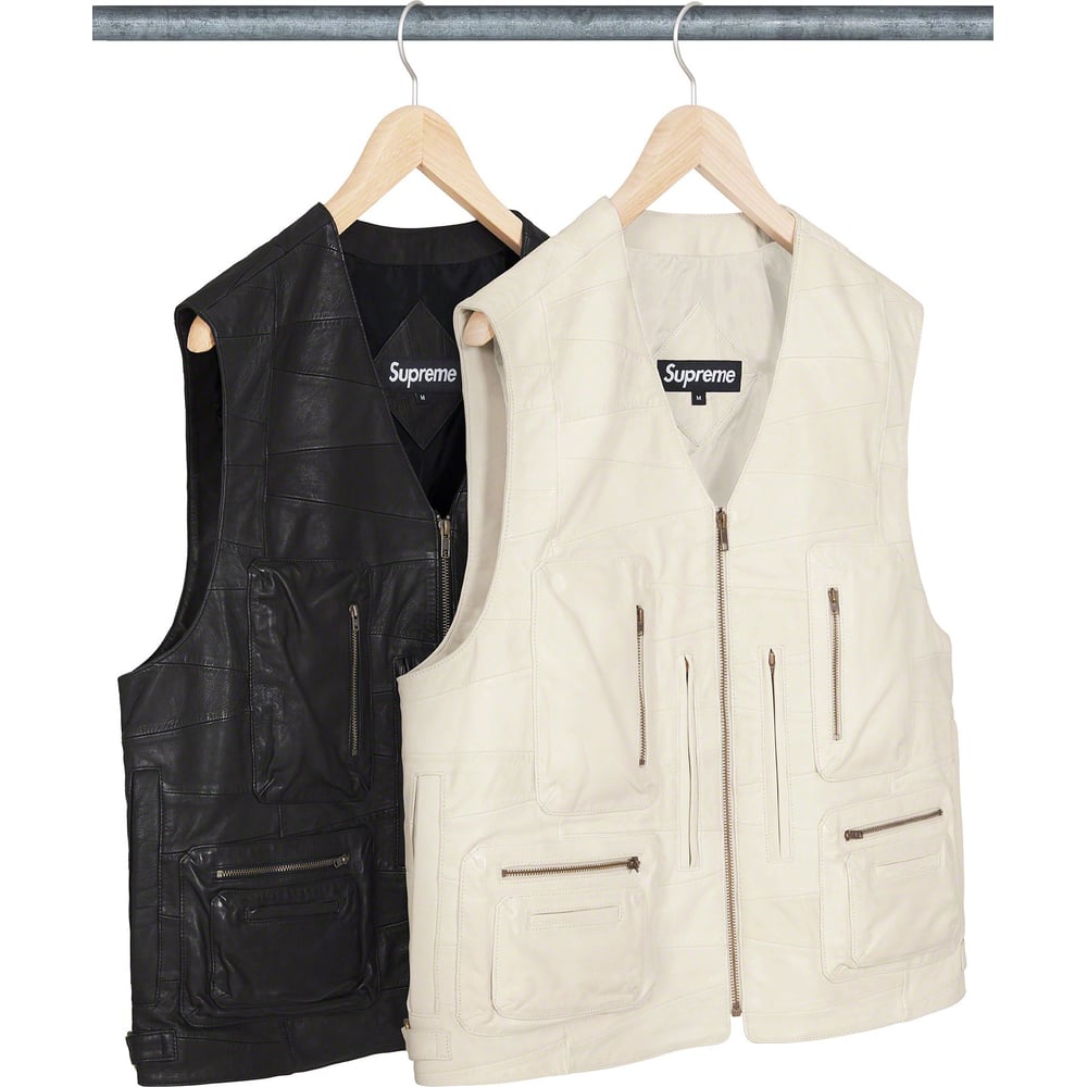 Details on Patchwork Leather Cargo Vest from spring summer
                                            2023 (Price is $398)