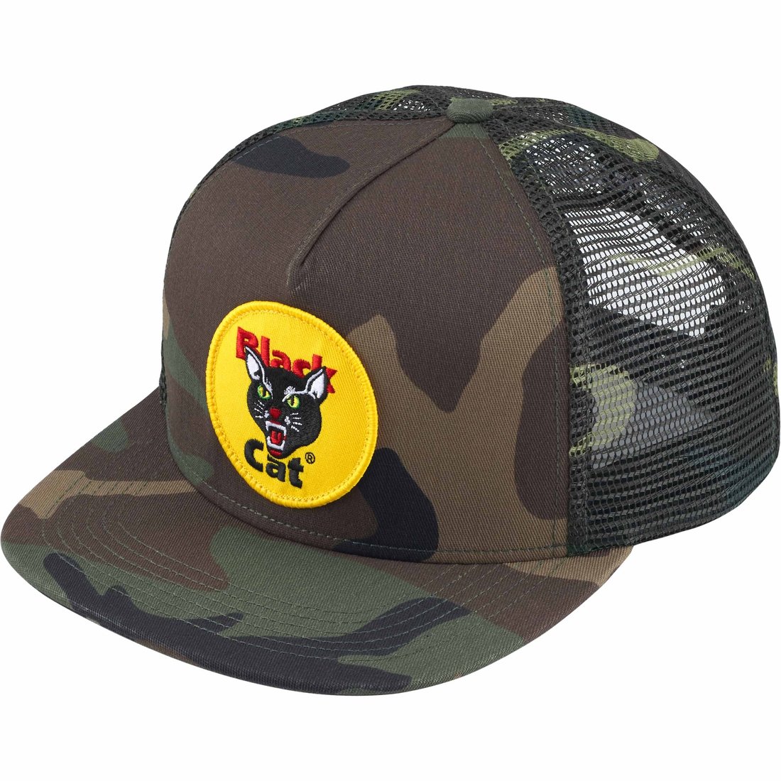 Details on Black Cat Mesh Back 5-Panel Woodland Camo from spring summer
                                                    2024 (Price is $48)