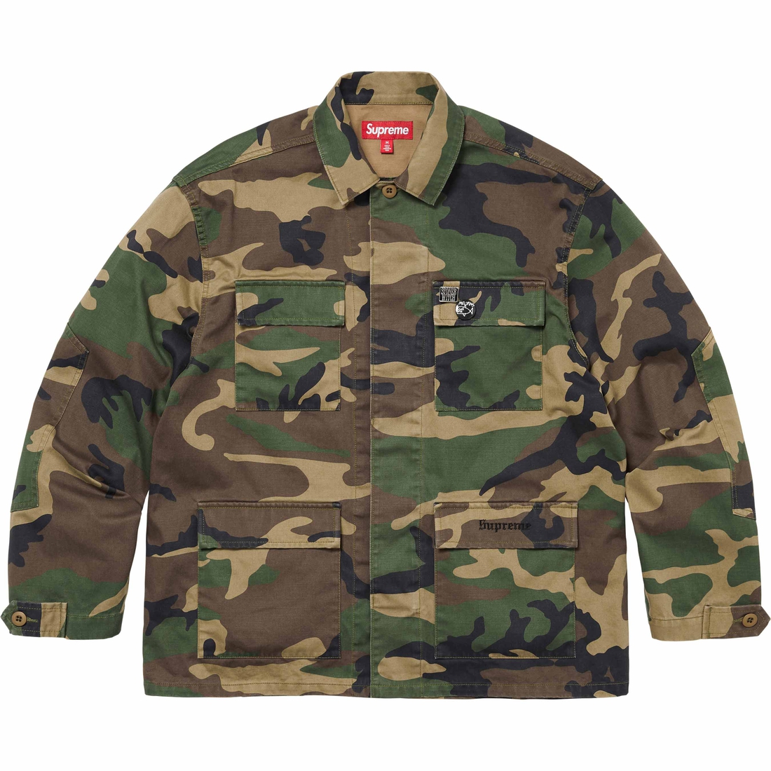 Details on Melvins BDU Jacket Woodland Camo from spring summer
                                                    2024 (Price is $228)
