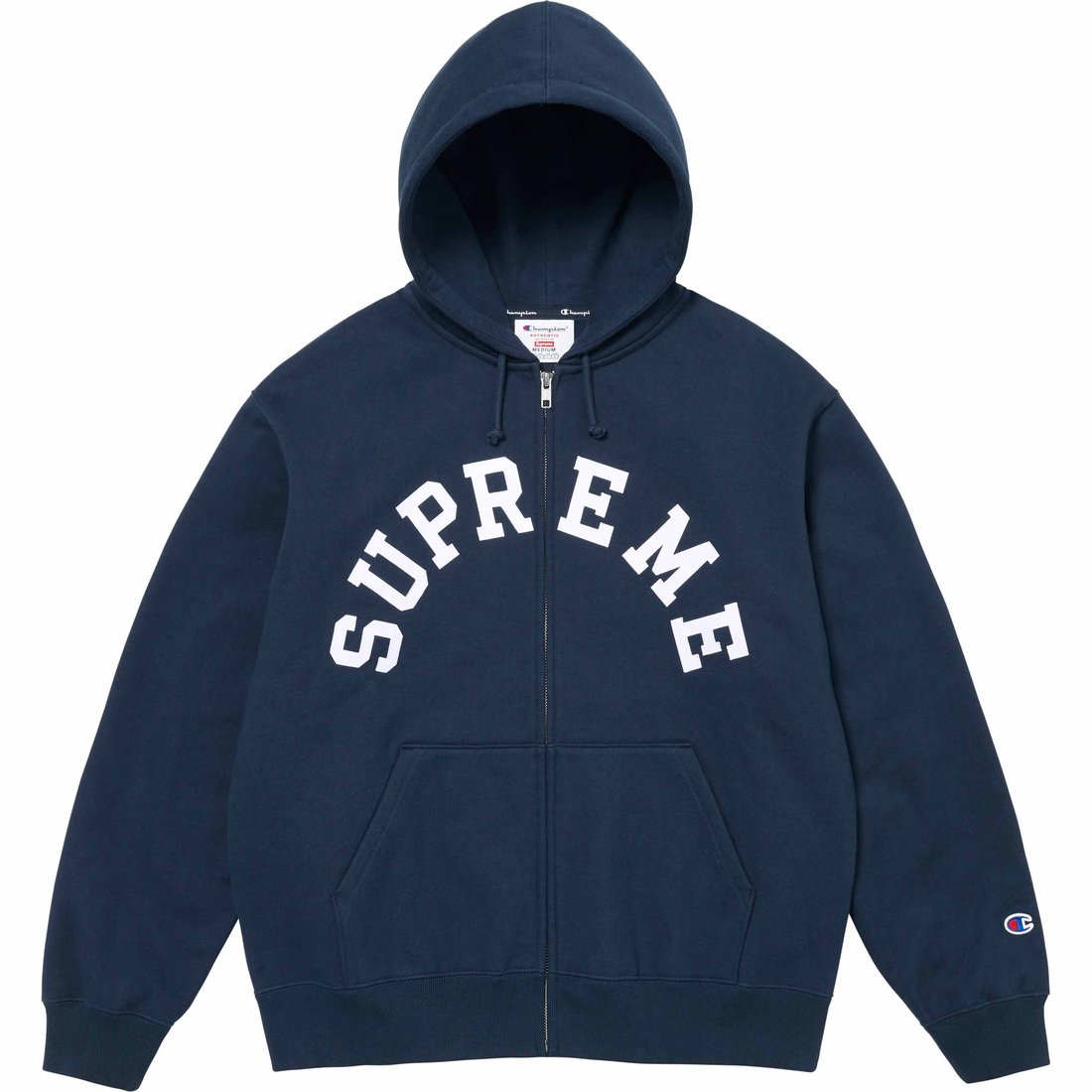 Details on Supreme Champion Zip Up Hooded Sweatshirt Navy from spring summer
                                                    2024 (Price is $158)